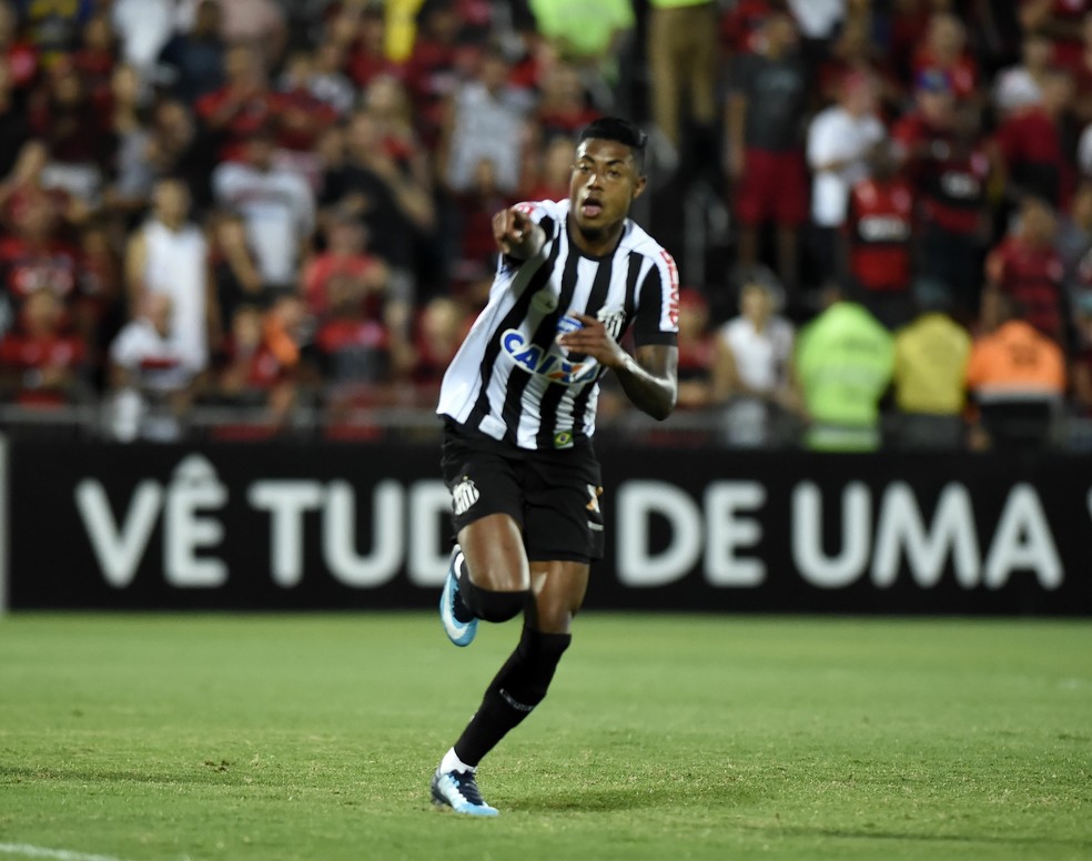 Bruno Henrique comemora um gol pelo Santos — Foto: André Durão / GloboEsporte.com