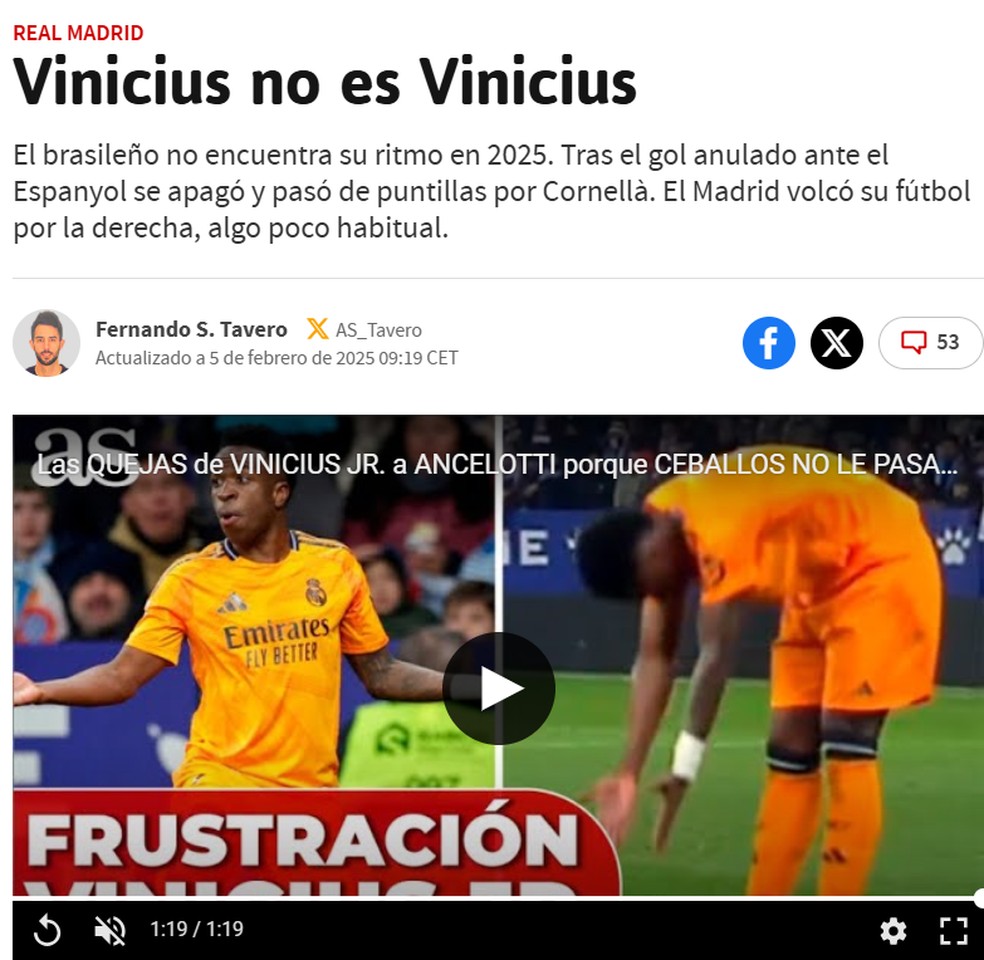 Jornal "As" critica atuações de Vini Jr. em 2025 — Foto: Reprodução