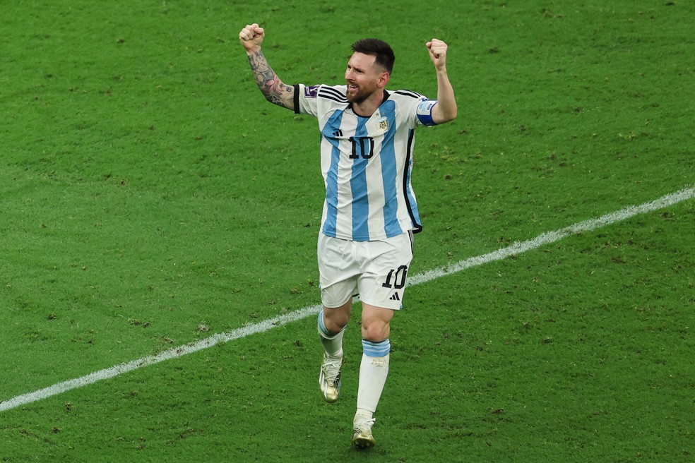 Lionel Messi comemora gol na final da Copa do Mundo do Catar 2022 Argentina x França — Foto: (Photo by Liu Lu/VCG via Getty Images)