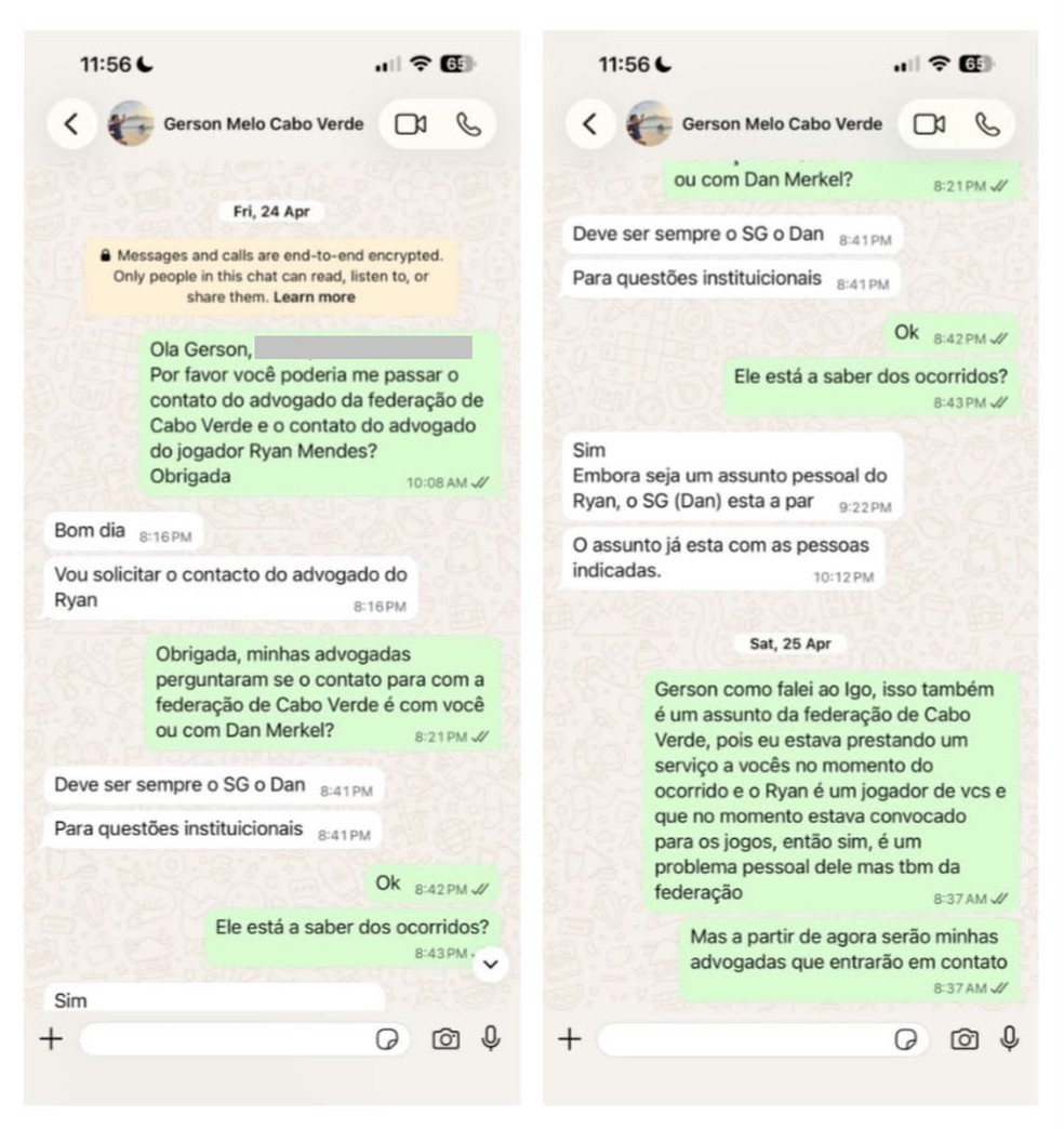Troca de mensagens da brasileira com então Diretor de Desenvolvimento da FCF. Gerson Melo diz que não trabalha mais na Federação — Foto: Arquivo Pessoal