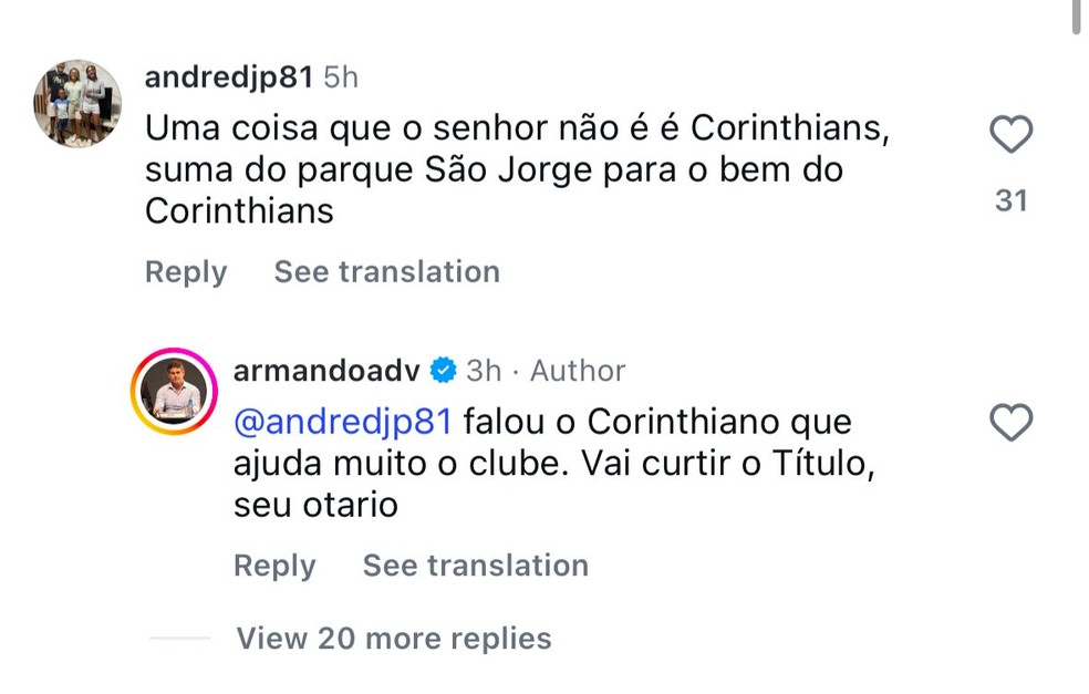 Vice-presidente do Corinthians, Armando Mendonça ofende torcedor após desabafo nas redes sociais — Foto: Reprodução