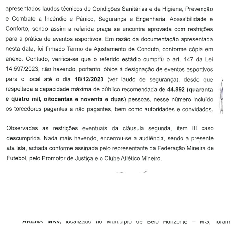 Termo de Audiência - Atlético e MPMG — Foto: Reprodução