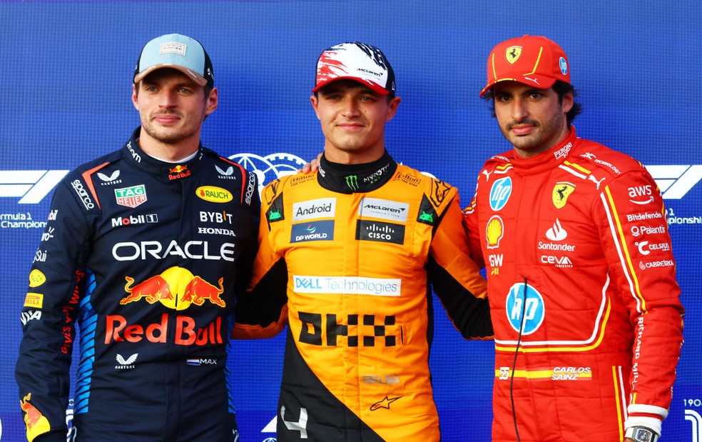 Lando Norris, Max Verstappen e Carlos Sainz: top 3 do grid de largada do GP dos EUA de F1 2024 — Foto: Mark Thompson/Getty Images