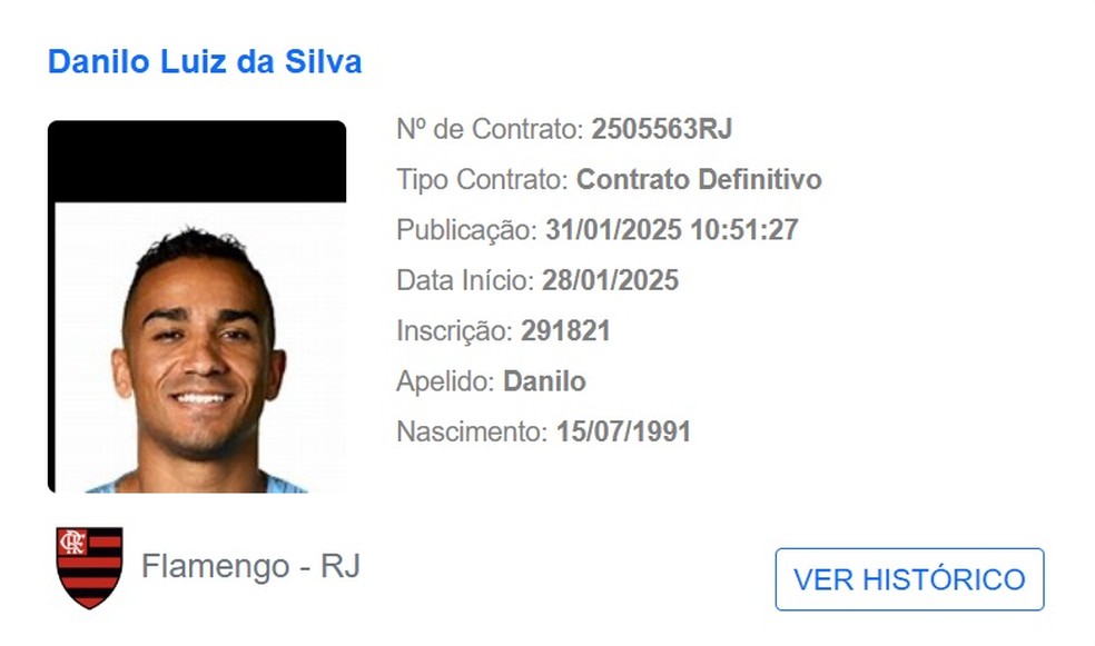 Danilo é registrado pelo Flamengo no BID da CBF — Foto: Reprodução