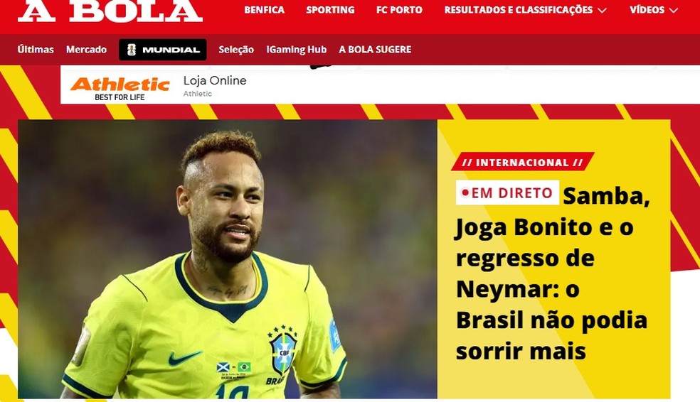 Jornal português A Bola repercute vitória do Brasil contra a Escócia — Foto: Reprodução