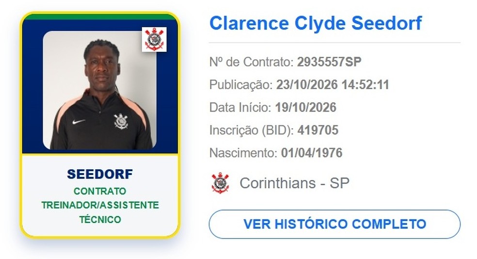 Seedorf está regularizado no BID — Foto: Reprodução