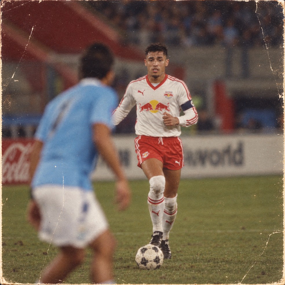 Guzmán Rodríguez na trend dos anos 80 — Foto: Ari Ferreira/Red Bull Bragantino - Adaptação ChatGPT