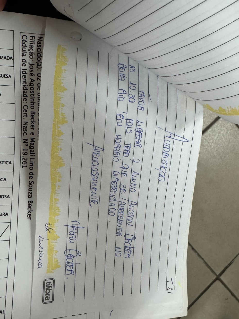 Bilhete da mãe de Alisson — Escola João Ribeiro