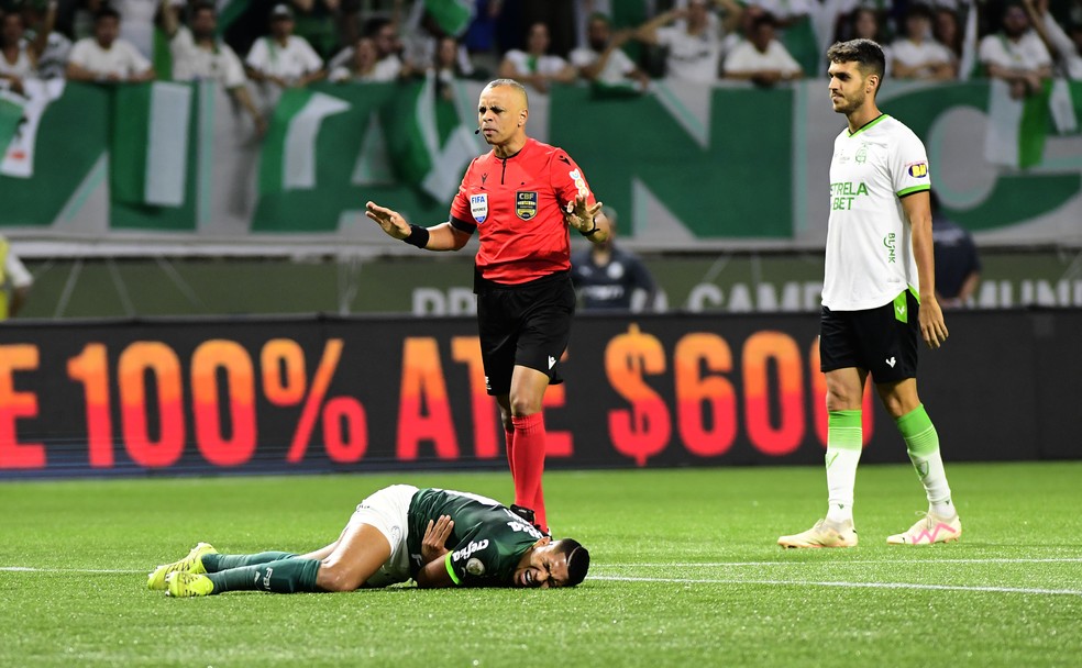 Rony, do Palmeiras, se machucou após choque com Jori, do América-MG — Foto: Marcos Ribolli