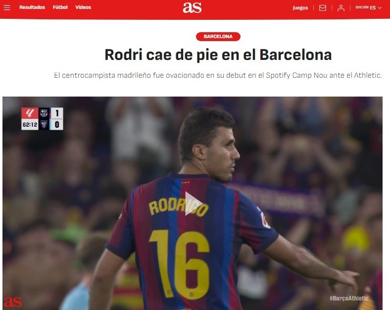 "Caiu de pé": imprensa espanhola se rende a Rodri após estreia pelo Barcelona