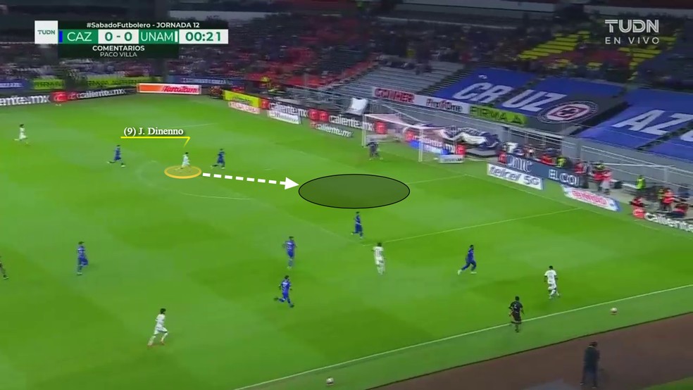 Movimento de desmarque dentro da área, atacando a primeira trave antes do zagueiro. Tem esse poder e se coloca em condições de finalizar com liberdade — Foto: Rodrigo Coutinho