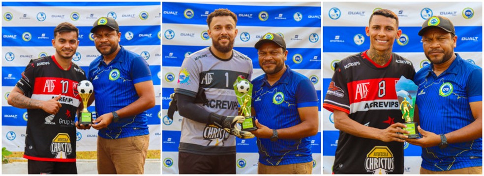 Juninho, Tião e Thiago de Oliveira com prêmios individuais na seletiva regional para Copa do Brasil de Fut7 — Foto: Divulgação/FFSFA