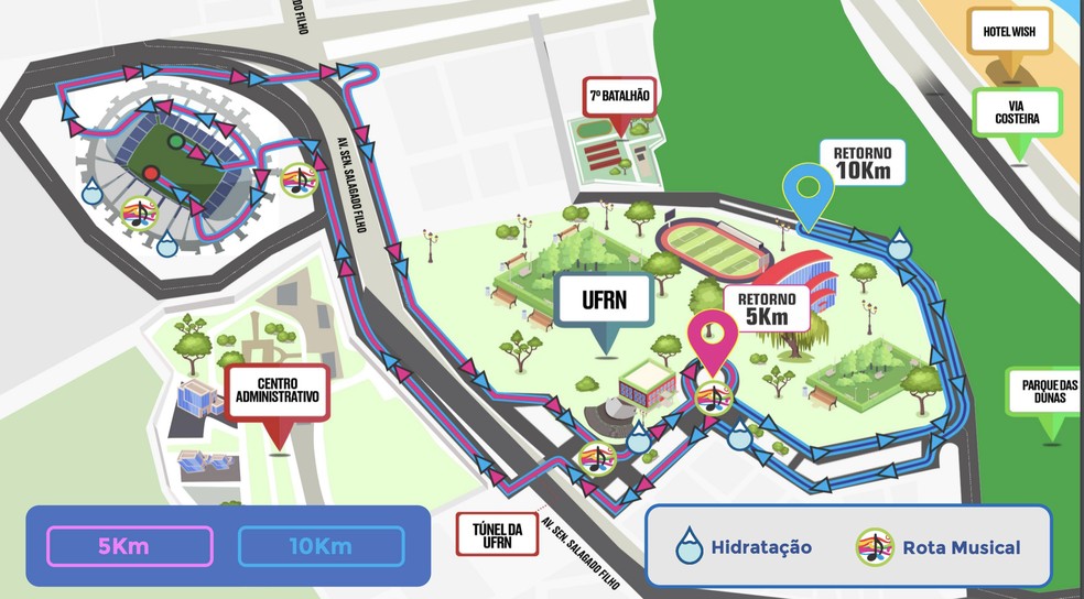 Percurso Meia Maratona do Sol, 5 km e 10 km — Foto: Reprodução