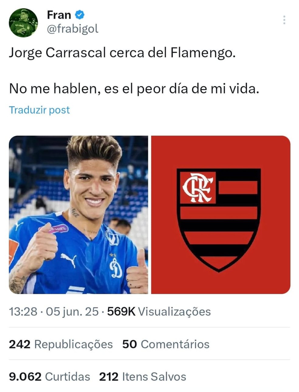 Torcedor do River Plate lamenta contratação de Carrascal pelo Flamengo — Foto: Reprodução / X