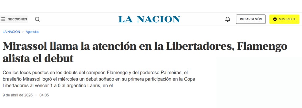 Jornal Argentino repercute vitória do Mirassol — Foto: Reprodução / Internet