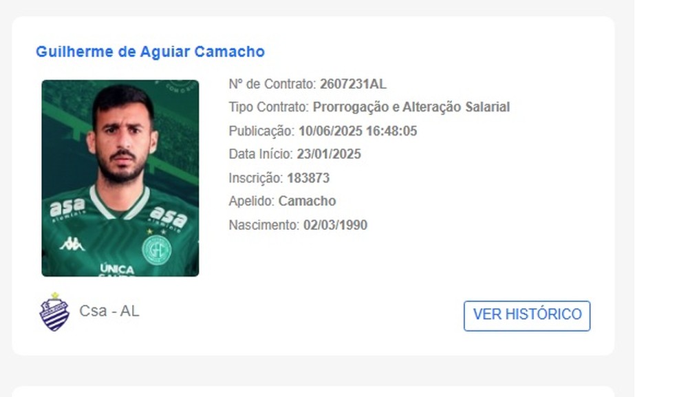 Camacho já teve renovação de contrato com o CSA publicada no BID — Foto: Reprodução/BID