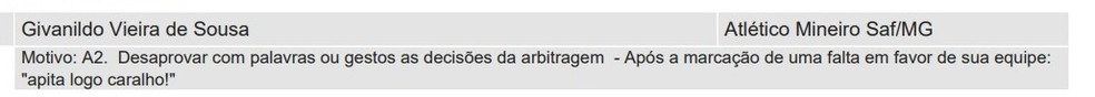 Súmula de Atlético-MG x Palmeiras relata motivo de cartão amarelo para Hulk — Foto: Reprodução