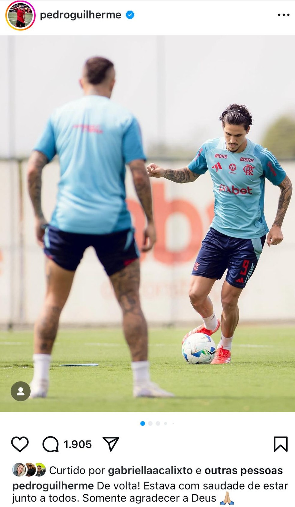 Pedro � liberado pelo departamento m�dico e volta a treinar com grupo do Flamengo � Foto: Reprodu��o/Instagram