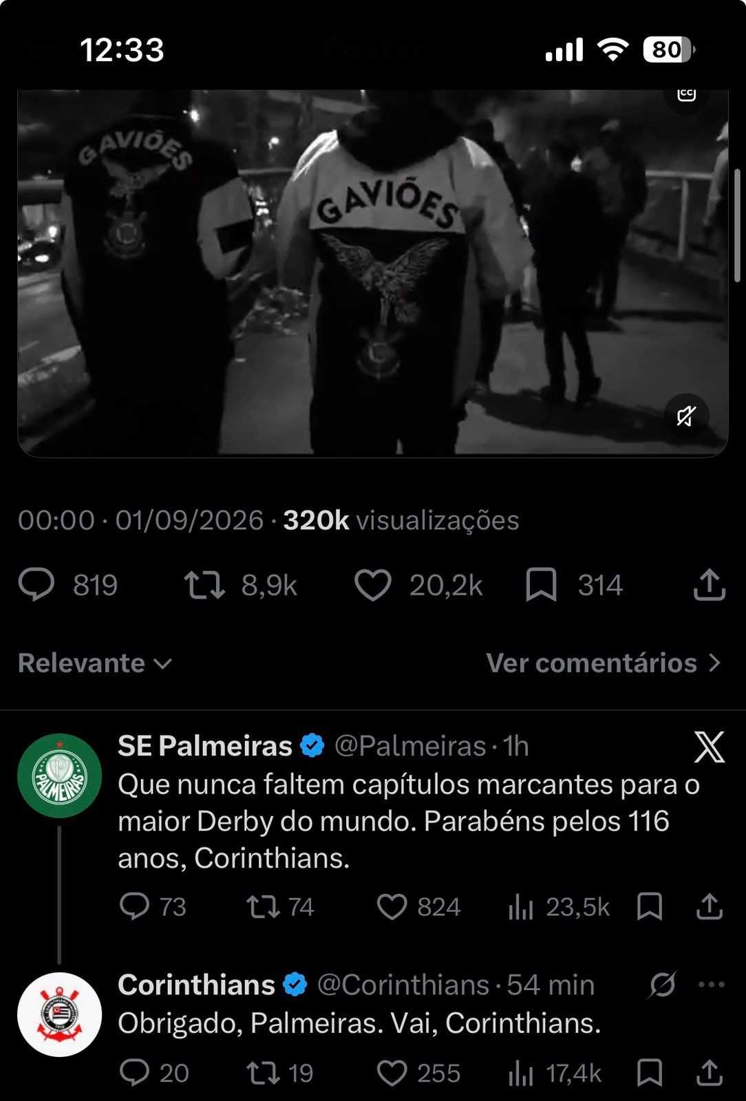 Palmeiras parabeniza Corinthians pelo aniversário e exalta o clássico: "Maior Dérbi do mundo"