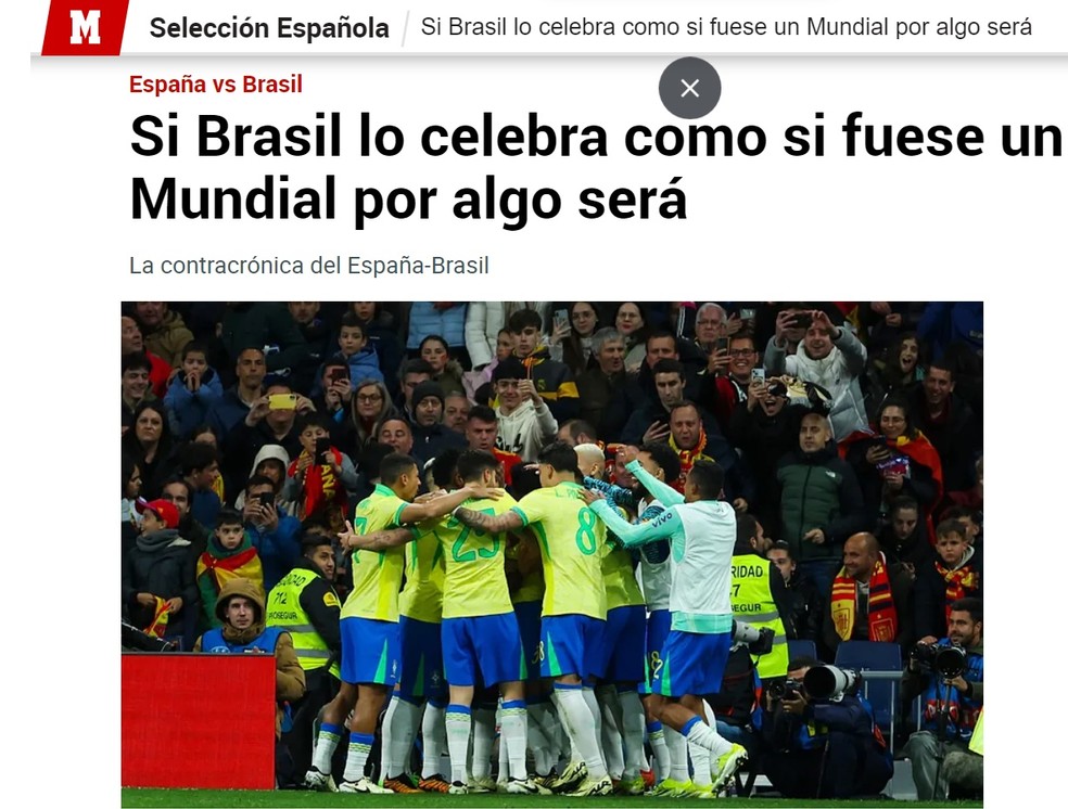 Marca ironiza comemoração do Brasil em gol de empate contra Espanha — Foto: Reprodução/Marca