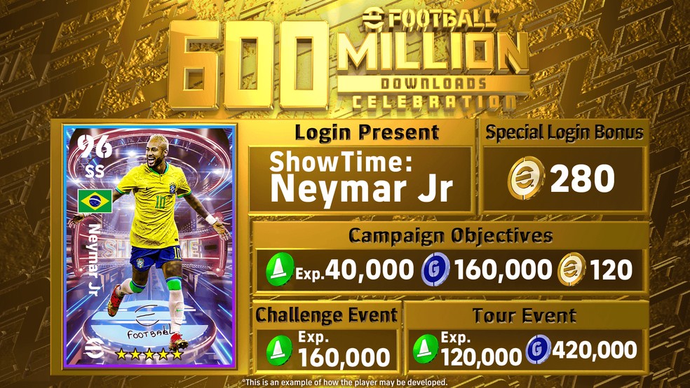 eFootball celebra 600 milhões de downloads com card 96 de Neymar, pes