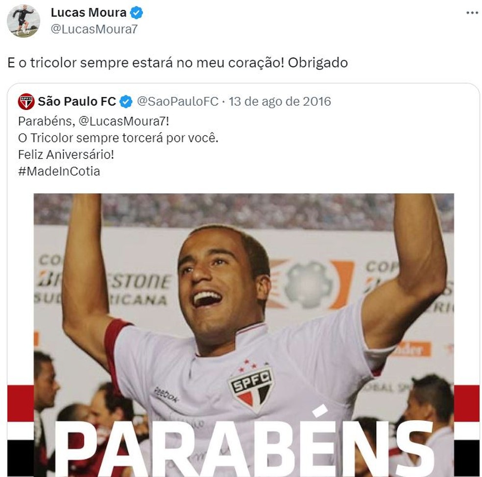 Lucas Moura agradece ao São Paulo — Foto: Reprodução
