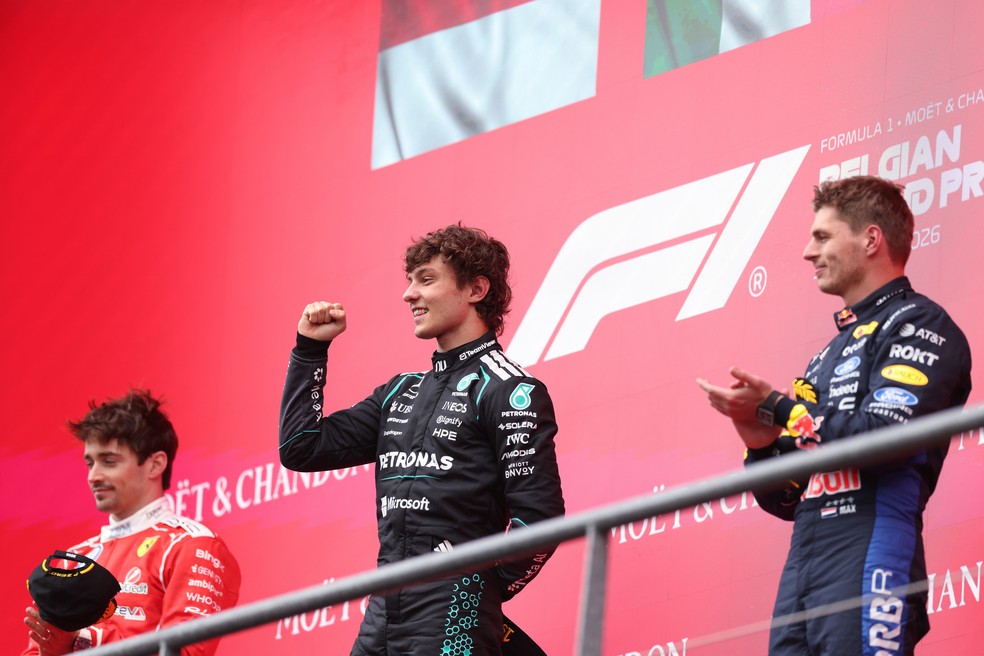 Pódio do GP da Bélgica da F1 2026, vencido por Kimi Antonelli — Foto: Dom Gibbons - Formula 1/Formula 1 via Getty Images