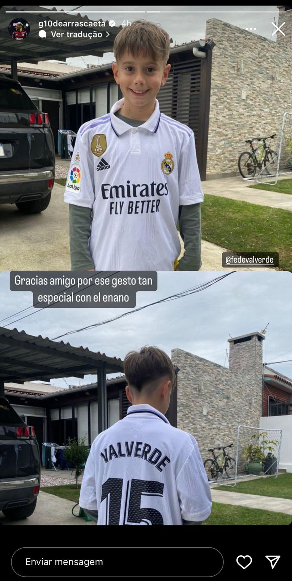 Cunhado do Arrascaeta com a camisa do Real Madrid dada por Valverde &mdash; Foto: Reprodu&ccedil;&atilde;o