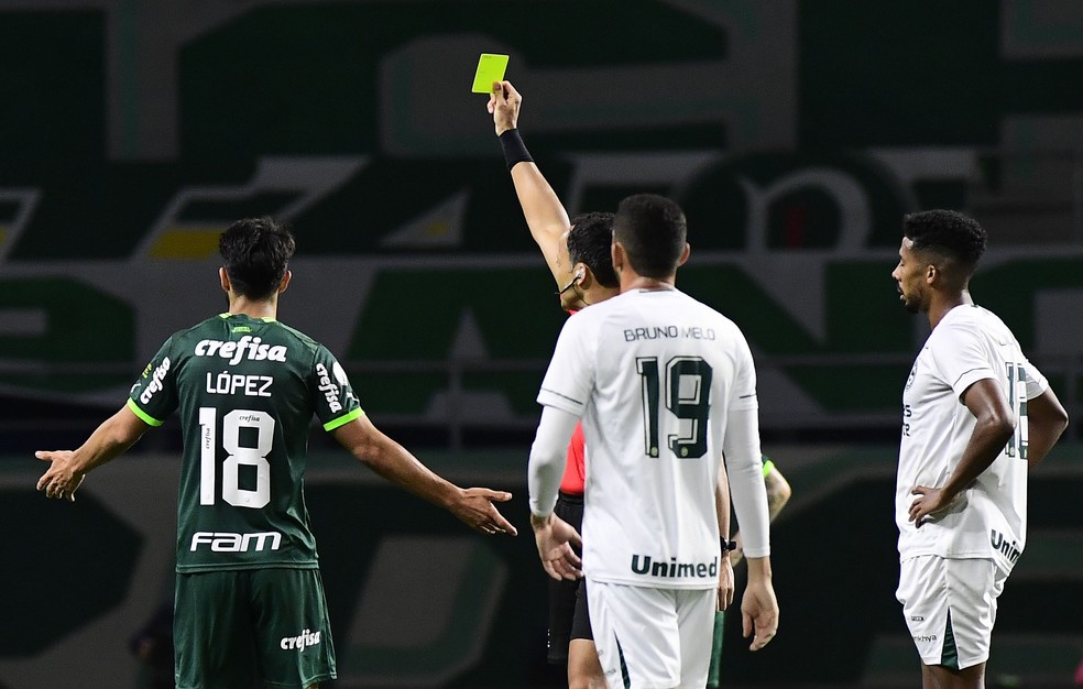 Flaco López recebe amarelo em Palmeiras x Goiás — Foto: Marcos Ribolli