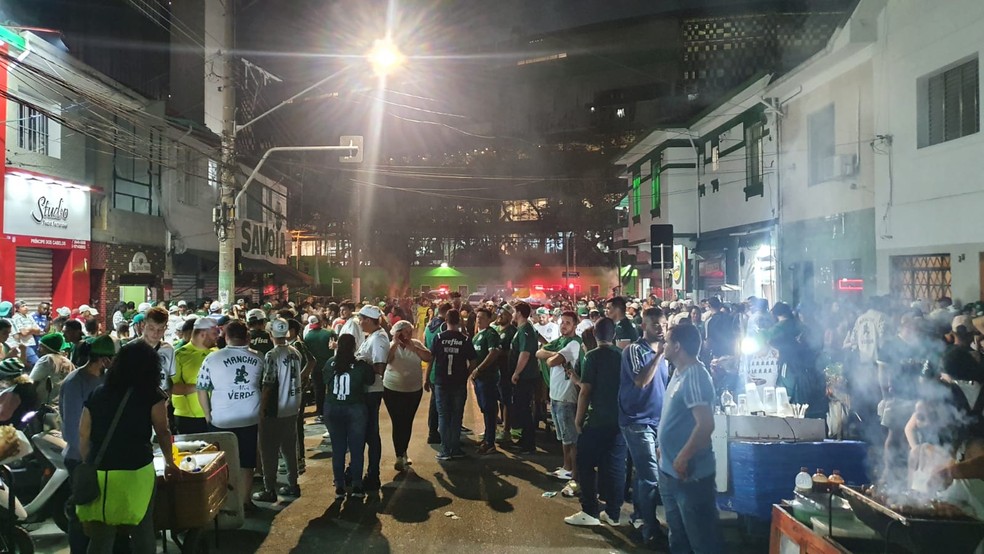 Torcedores do Palmeiras nos arredores do Allianz Parque antes de jogo  — Foto: ge