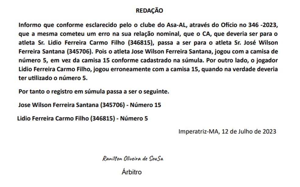Rog�rio Siqueira apresentou o adendo da s�mula do jogo ASA x Cruzeiro-AL, pela S�rie D � Foto: Rog�rio Siqueira