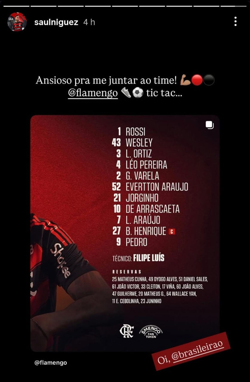 Saúl posta antes de Bragantino x Flamengo — Foto: Reprodução / Instagram