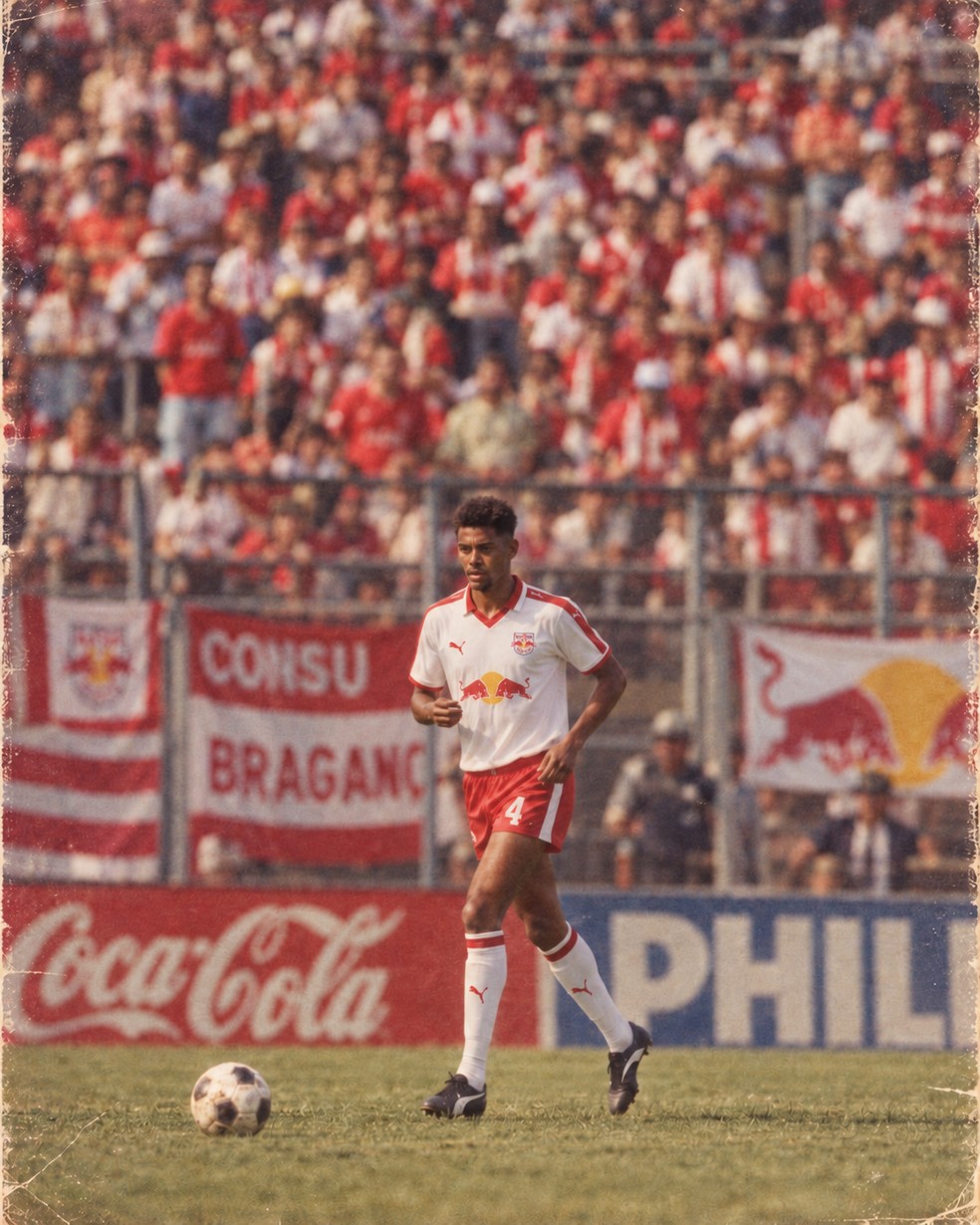 Alix Vinícius na trend dos anos 80 — Foto: Ari Ferreira/Red Bull Bragantino - Adaptação ChatGPT