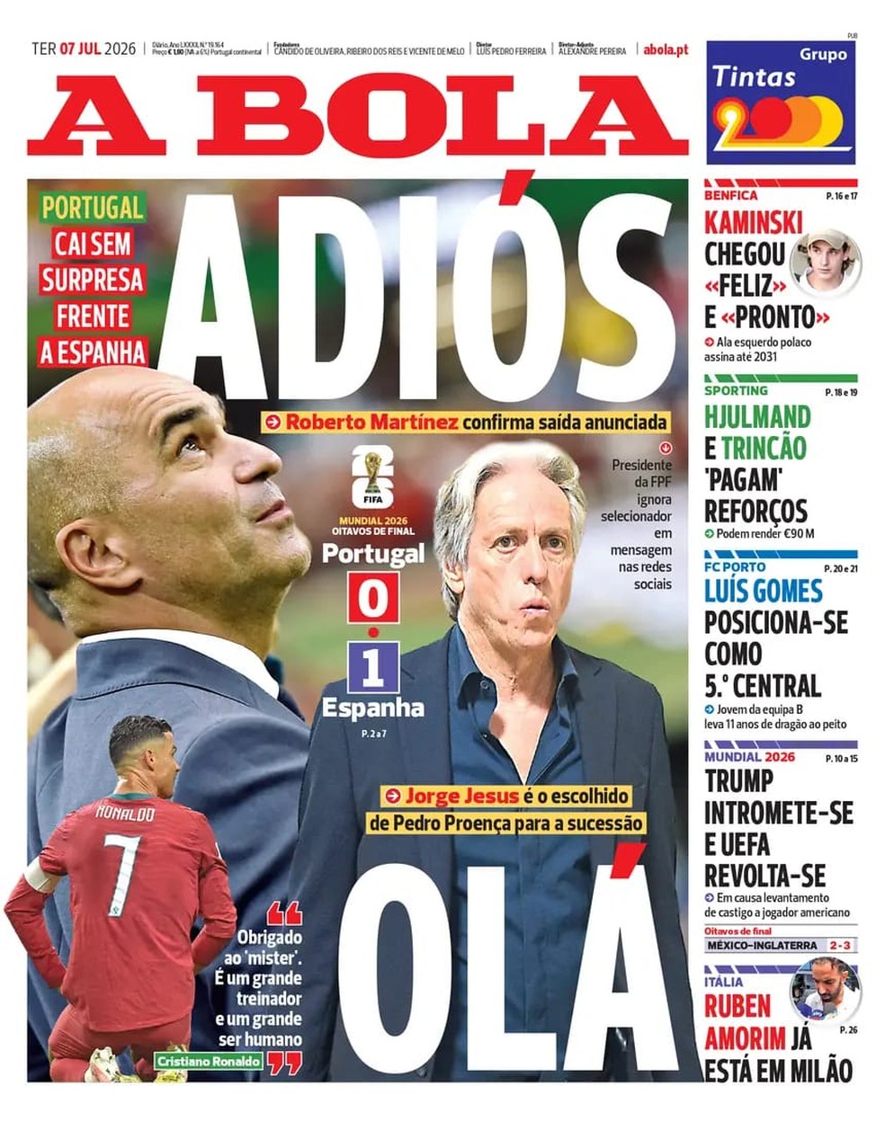 Capa do jornal "A Bola" desta terça destaca Jorge Jesus como substituto de Roberto Martínez — Foto: Reprodução / A Bola