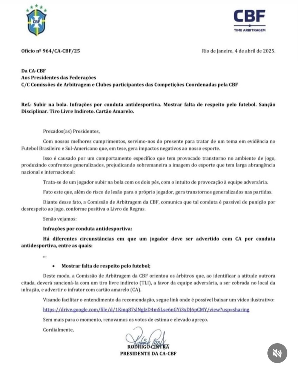 Ofício enviado pela CBF aos clubes sobre punição a jogadores que subirem na bola — Foto: Reprodução
