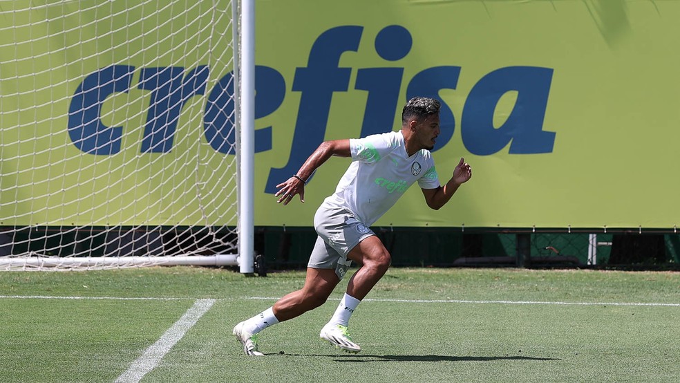 Gabriel Menino, do Palmeiras, trabalha no campo em estágio da fisioterapia — Foto: Cesar Greco / Palmeiras