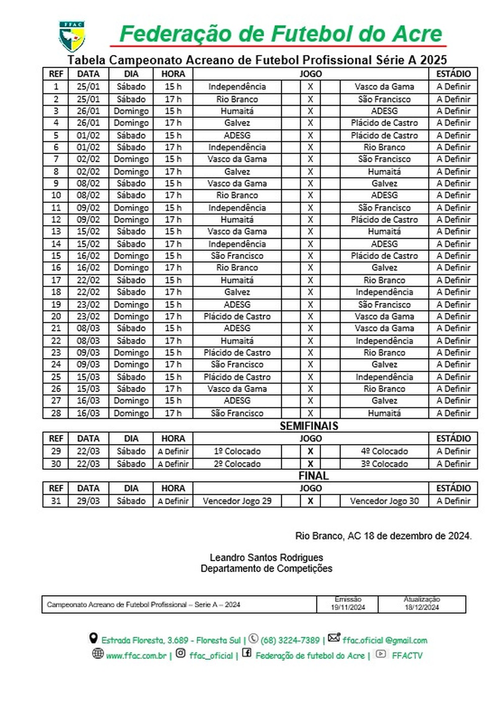 Tabela da 1ª fase do Campeonato Acreano 2025 — Foto: Divulgação/FFAC