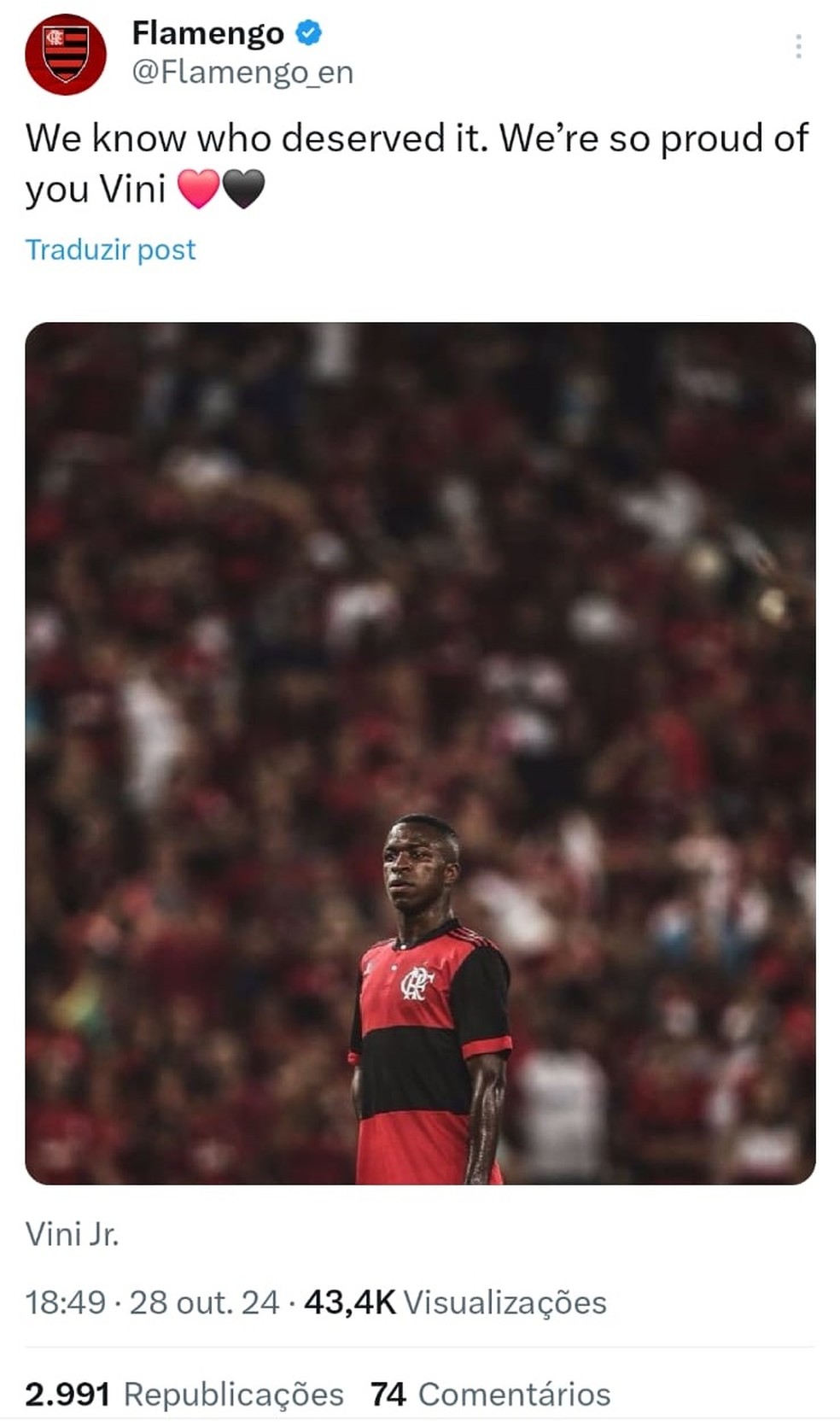 Flamengo protesta por Vini Jr não ganhar a Bola de Ouro — Foto: Reprodução