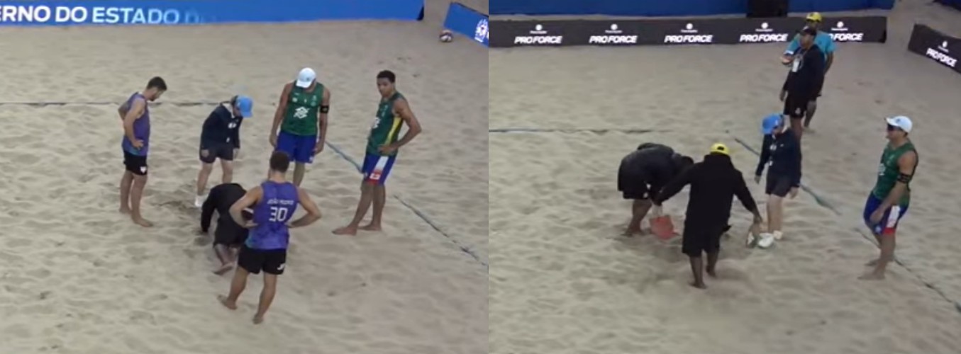 Garrafa enterrada na areia de Copacabana interrompe partida de vôlei de praia
