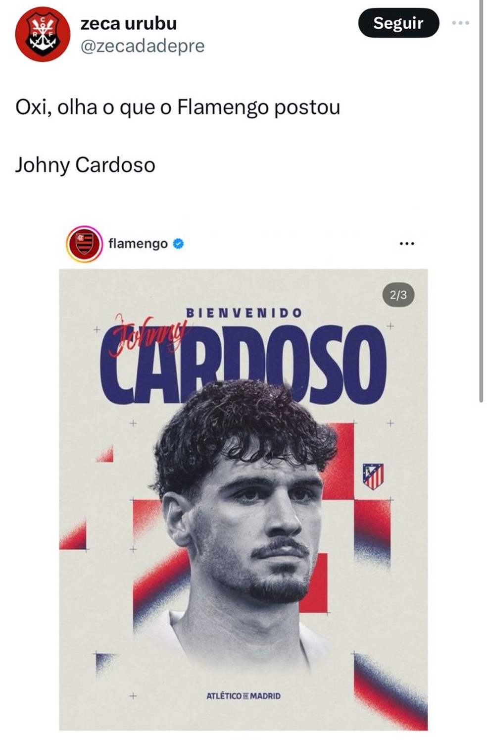 Print de Johnny Cardoso publicado pelo Flamengo — Foto: Reprodução