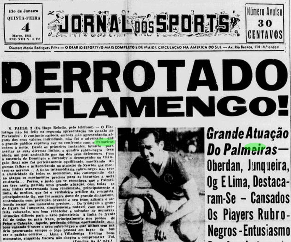 Manchete do Jornal dos Sports de 4 de março de 1943 — Foto: Reprodução/Hemeroteca Digital