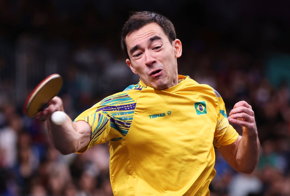 Hugo Calderano na semifinal do tênis de mesa das Olimpíadas de Paris 2024 — Foto: Michael Reaves/Getty Images