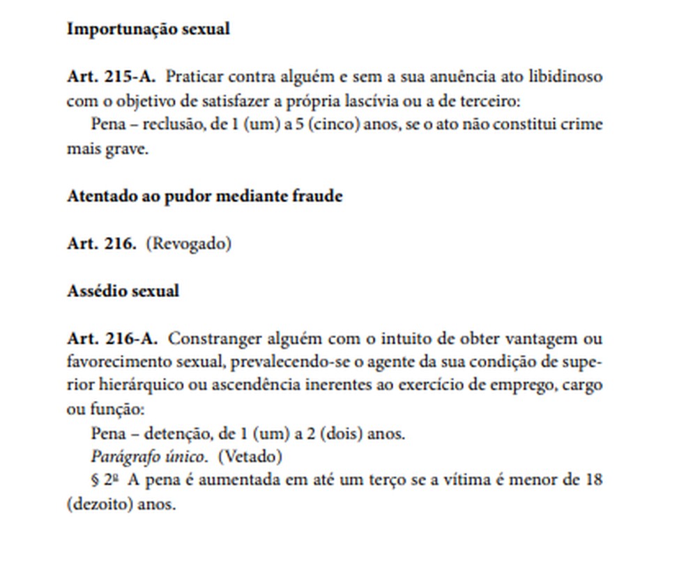Trecho do Código Penal Brasileiro, com detalhes sobre os crimes de assédio sexual e importunação — Foto: Reprodução / Código Penal