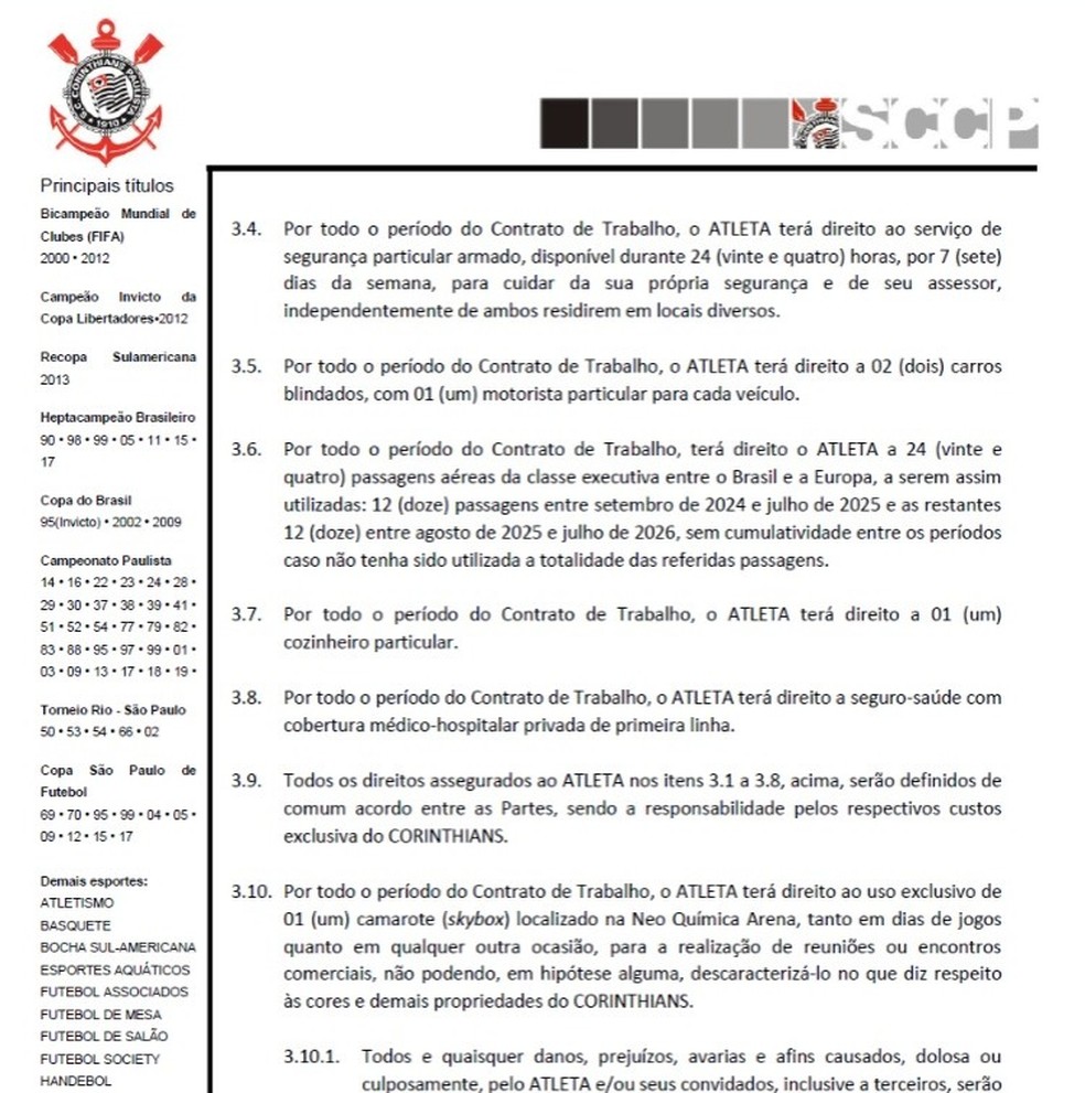 Trecho de contrato do Corinthians com Memphis Depay — Foto: Reprodução