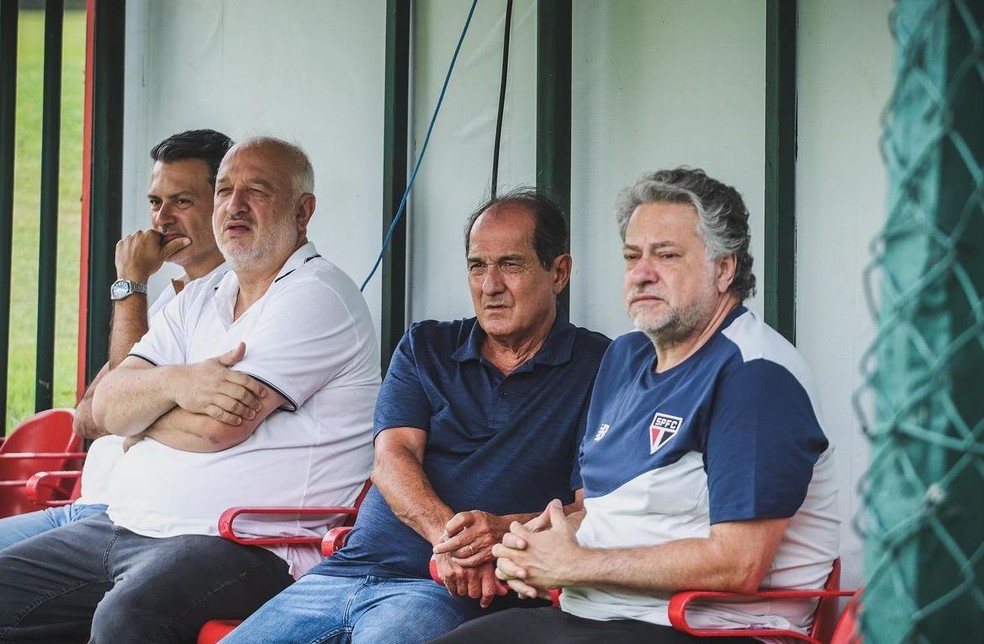 Rui Costa, Belmonte, Muricy Ramalho e Julio Casares no São Paulo — Foto: Rubens Chiri/saopaulofc