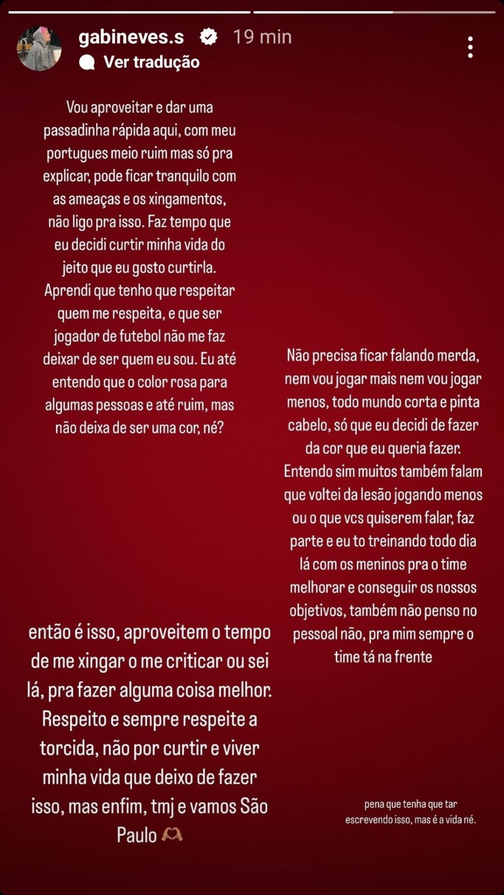 Gabi Neves desabafou nas redes sociais contra mensagens desrespeitosas — Foto: Reprodução