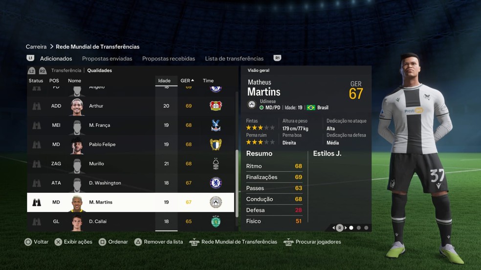 Matheus Martins no modo carreira do EA FC 24 — Foto: Reprodução/EA Sports