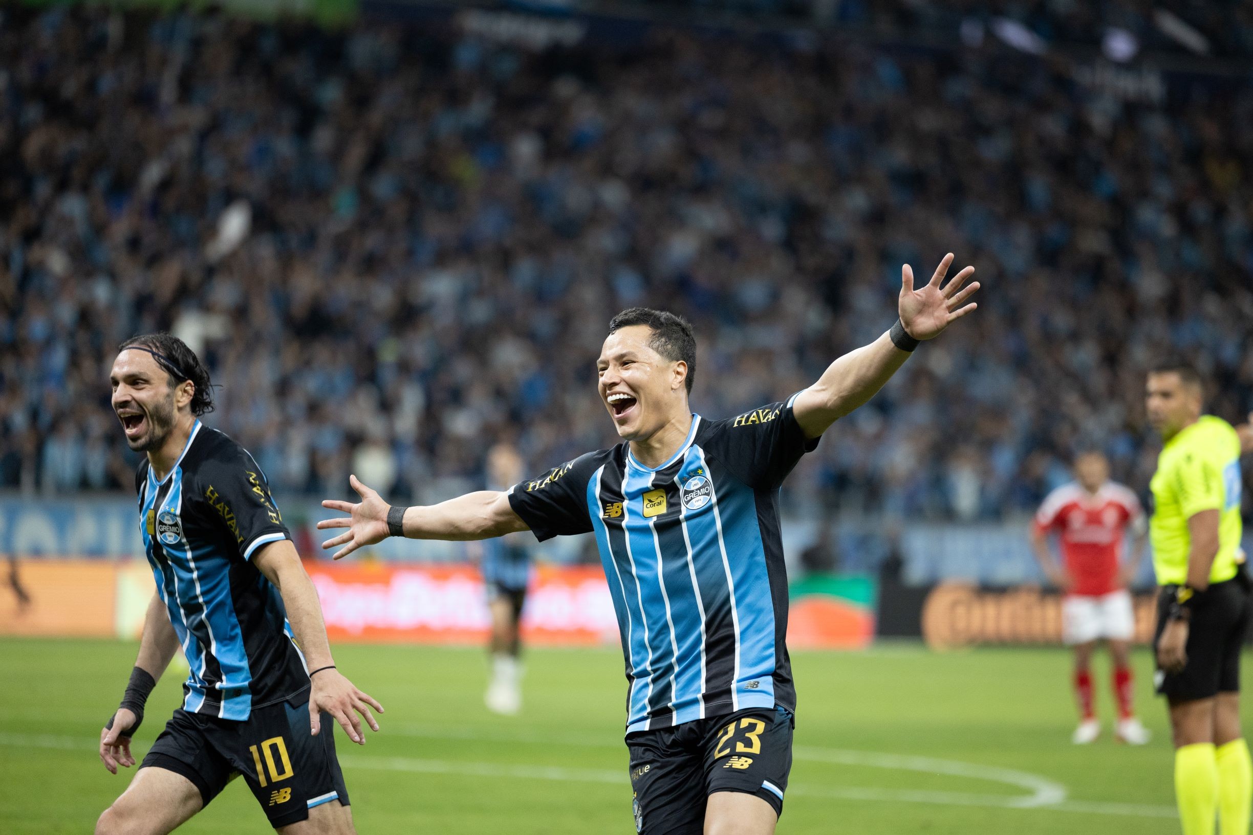 Torcida do Grêmio comemorando a classificação às semifinais da Copa do Brasil na Arena