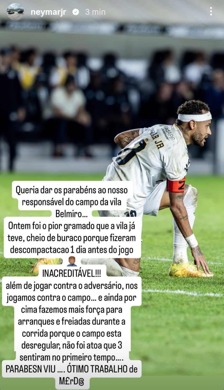 Neymar lamenta incômodo na coxa direita e detona campo do Santos: "Pior gramado que a Vila já teve"