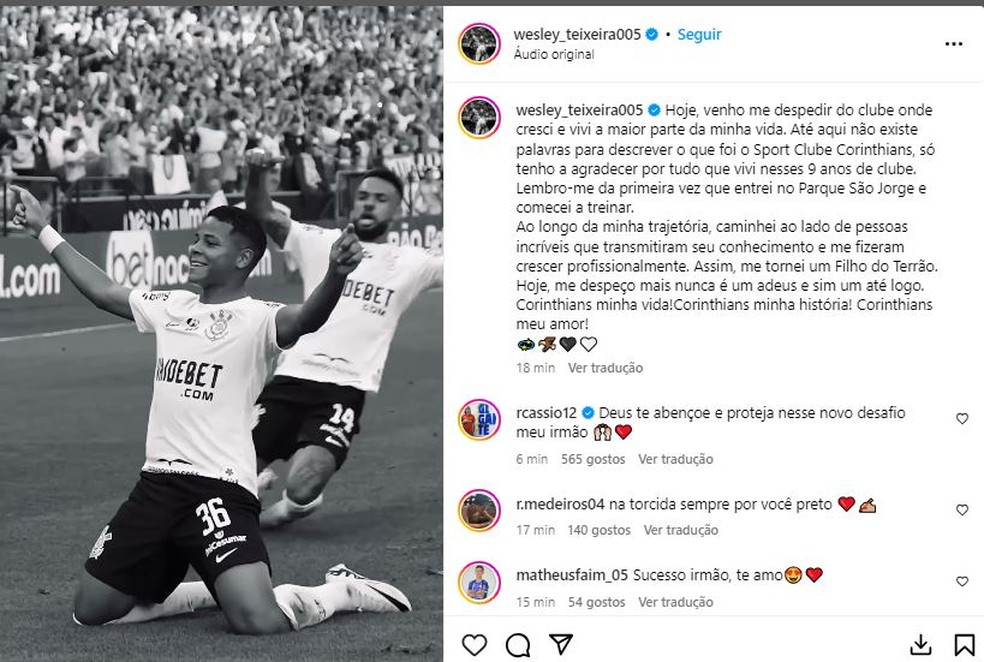 Wesley se despede do Corinthians — Foto: Reprodução / Instagram